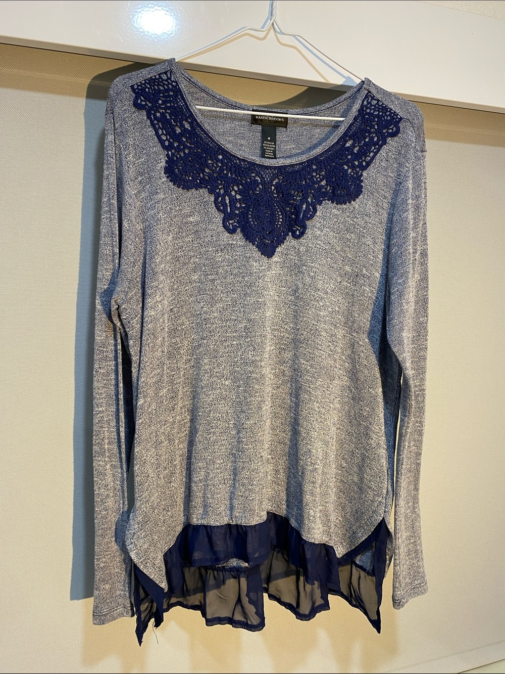 Karen Brooks Navy Crochet-Trim Heathered Blue Long Sleeve Top